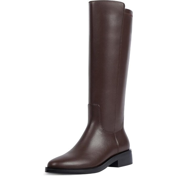 Women Polyurethane Stretch-Chocolate Round Toe Flat Side Zipper Knee High Boots